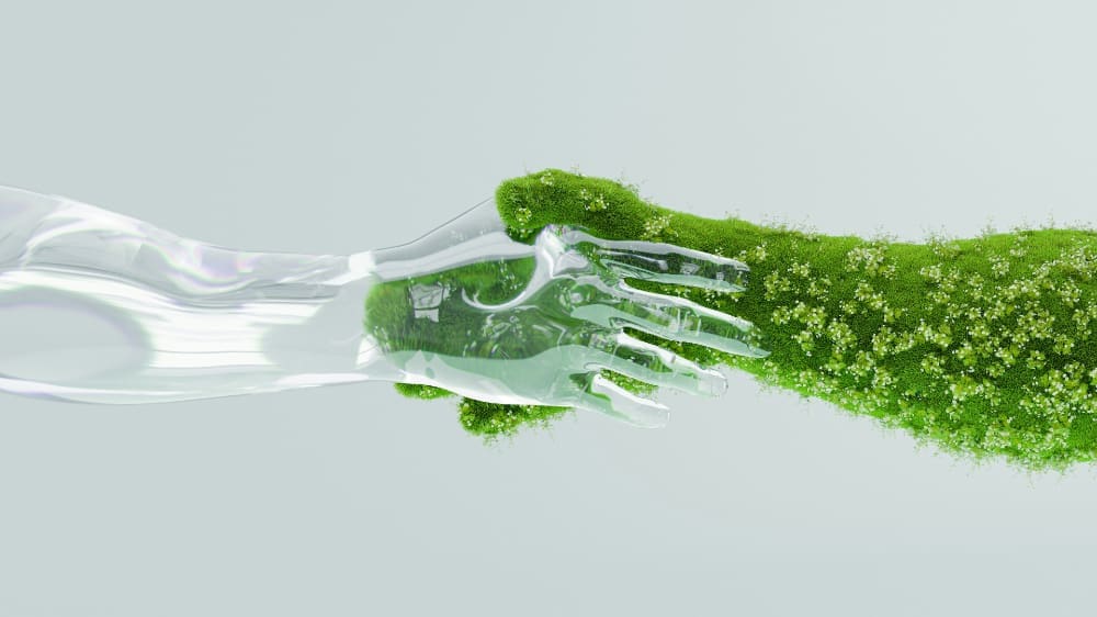 Animated image of one transparent hand shaking another hand covered in plants.