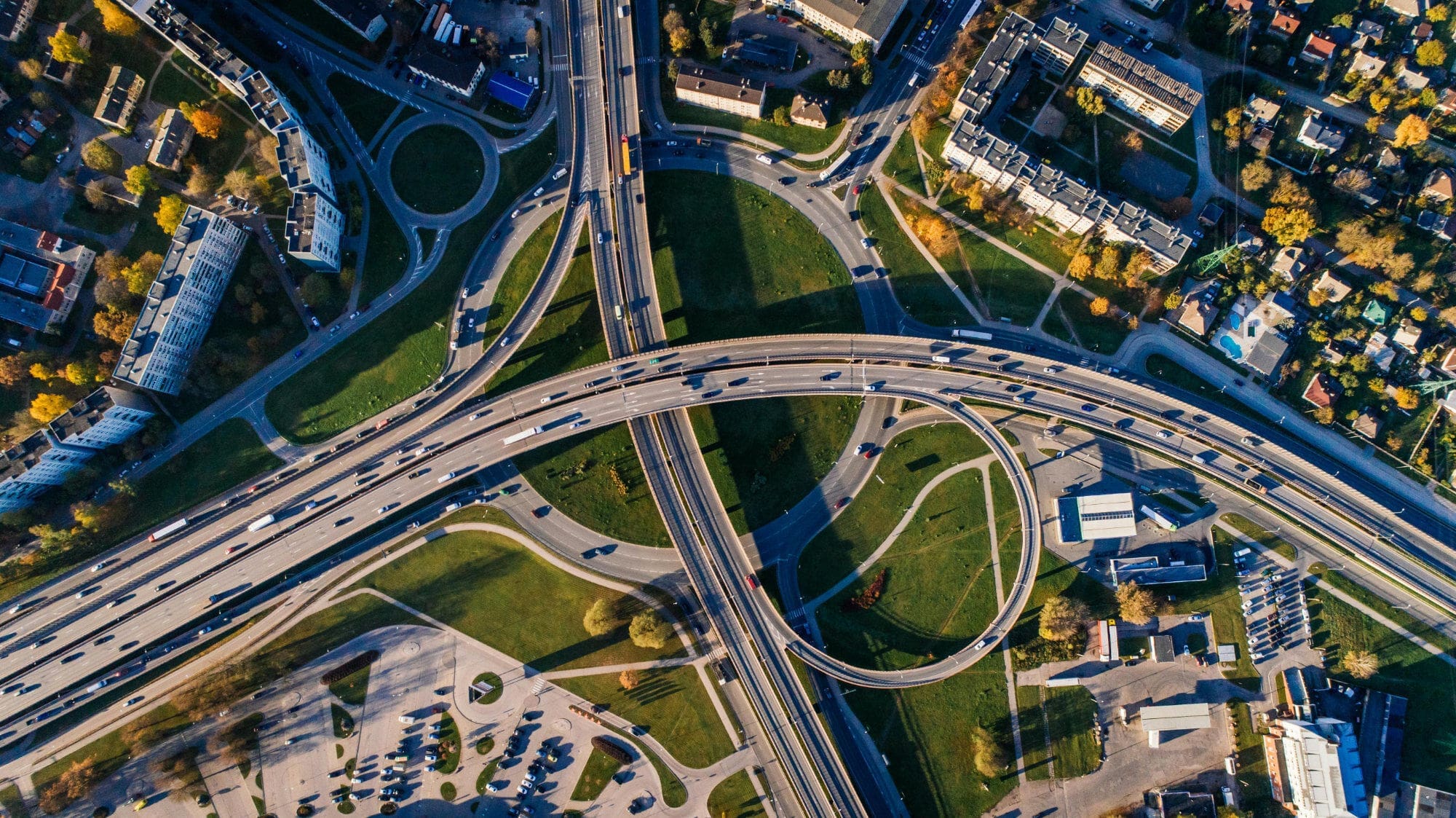 Overhead view of an elaborate motorway system.