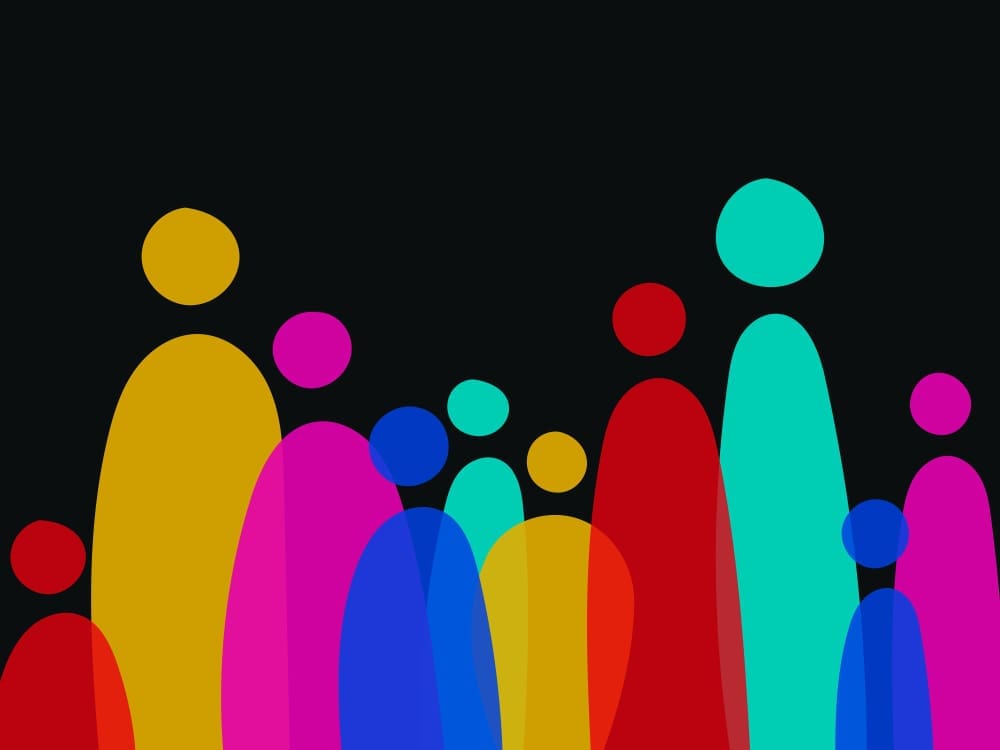 Colourful animated image of various audience members in different colours and sizes.