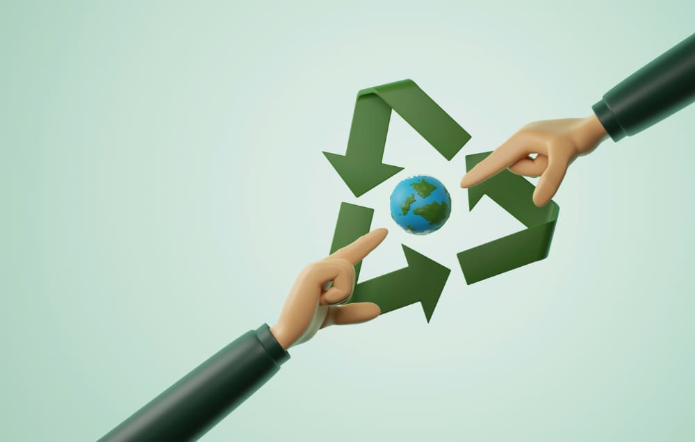 Animated image of two arms and hands pointing to each other with planet earth in the middle surrounded by the recycling symbol.