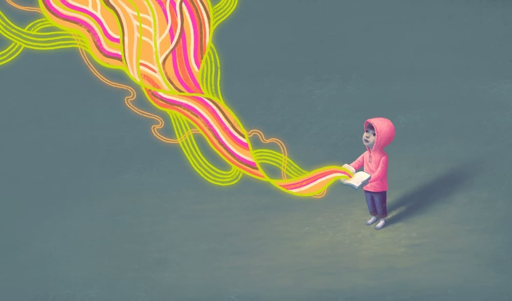 Animated image of a child holding an open book in front of them with a stream of colourful shapes flowing out of the book.