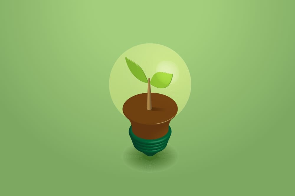 Computer-generated image of green lightbulb with plant shoots growing inside the bulb.