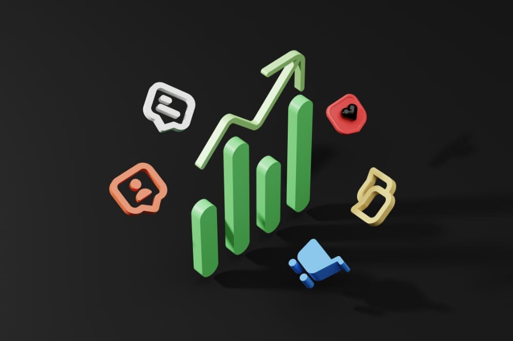 A computer generated green bar chart depicting an upward trend, surrounded by social media engagement icons.