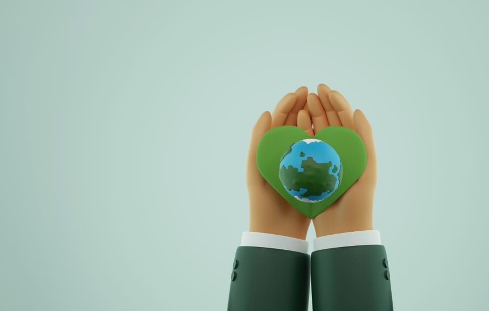 Computer-generated image of somebody's palmed hands, holding a green heart-shaped piece of card with a planet earth image in the middle.