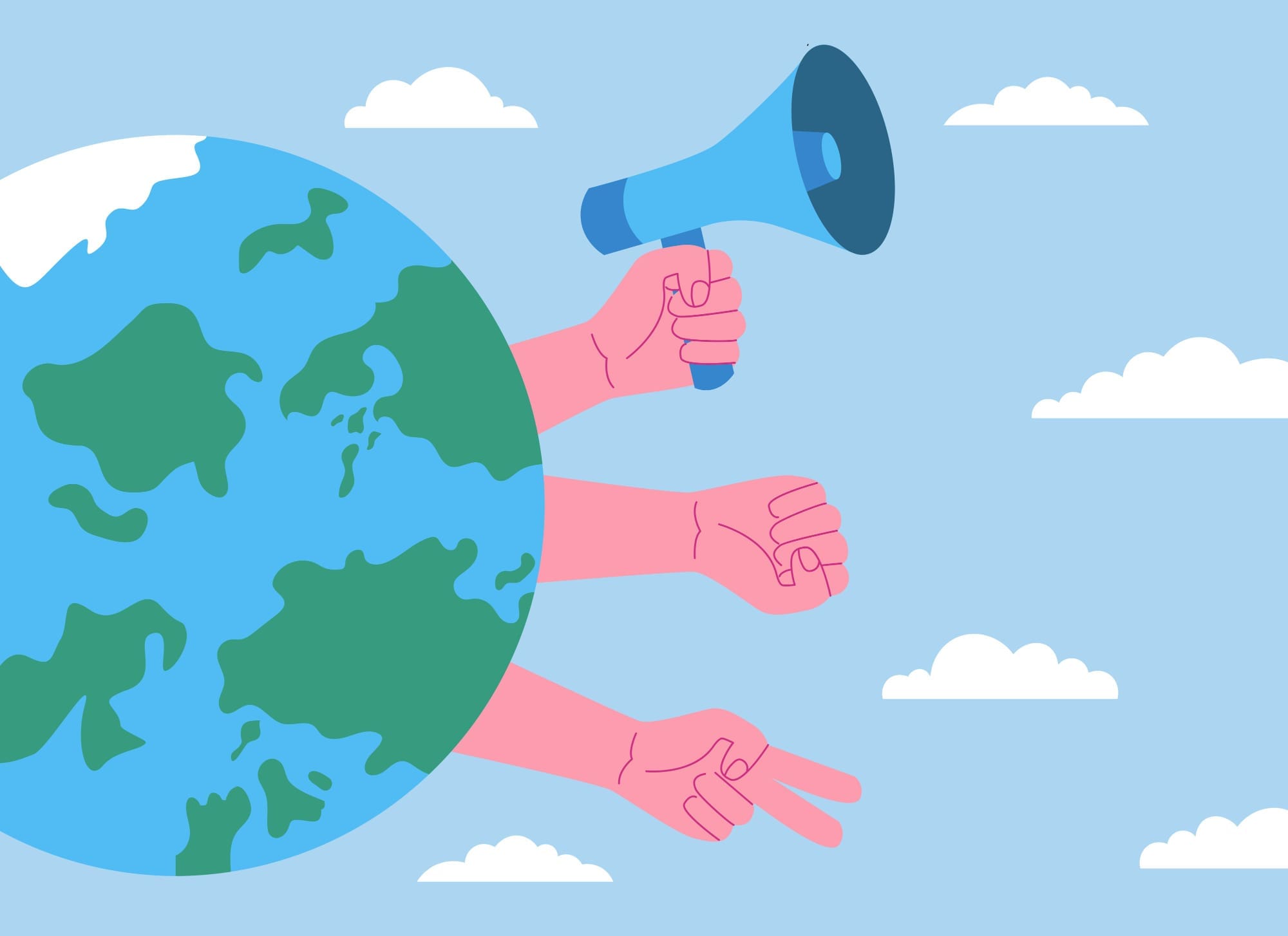 Cartoon-style image of planet earth, with three large pink hands outstretched from behind it, the top one holding a megaphone.