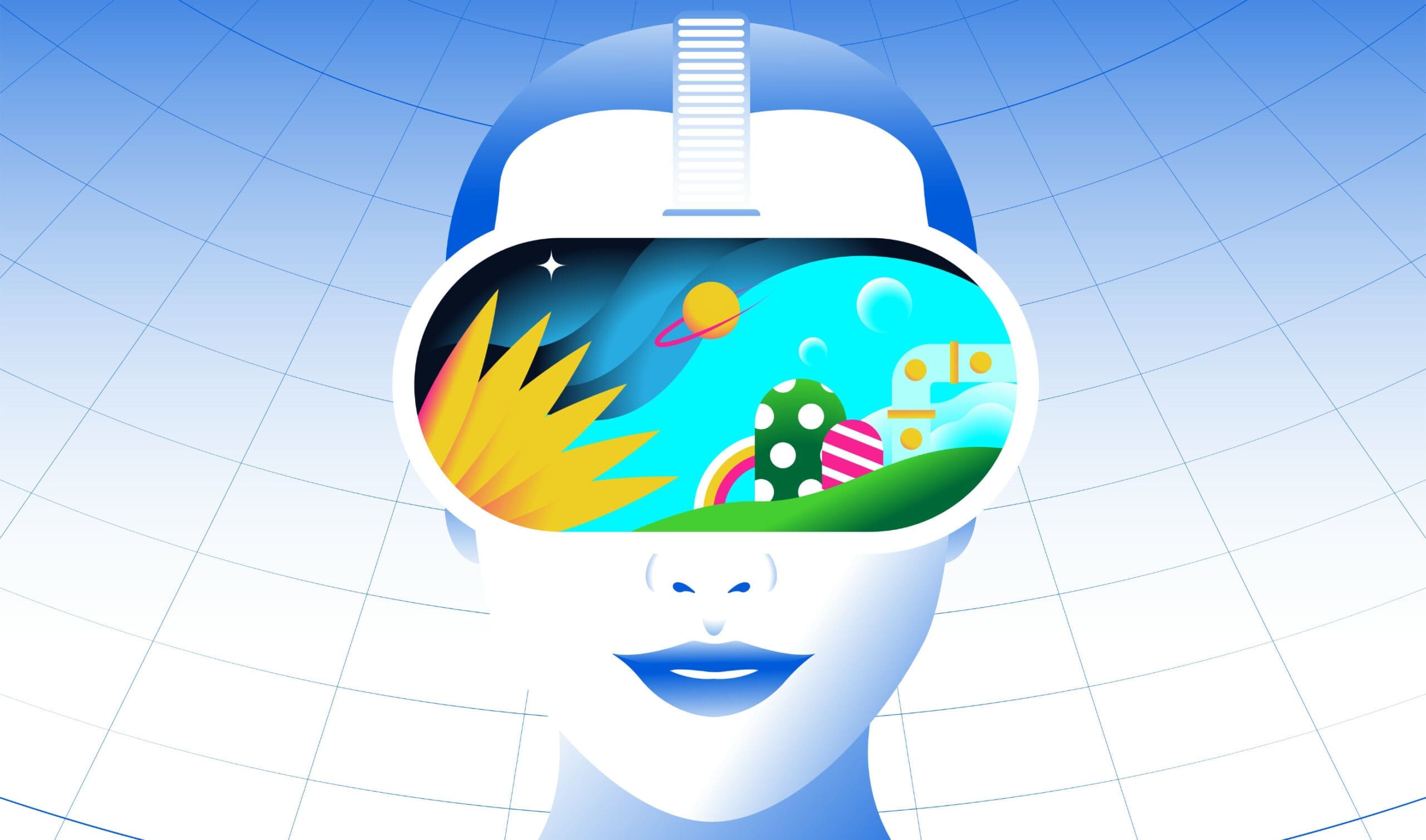 Cartoon-style image of a robot with human face wearing a VR headset with colorful scene including planets on the front.