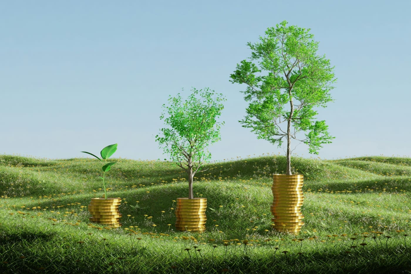 Benefits Three trees side by side, getting bigger from left to right, growing out of corresponding piles of gold coins.