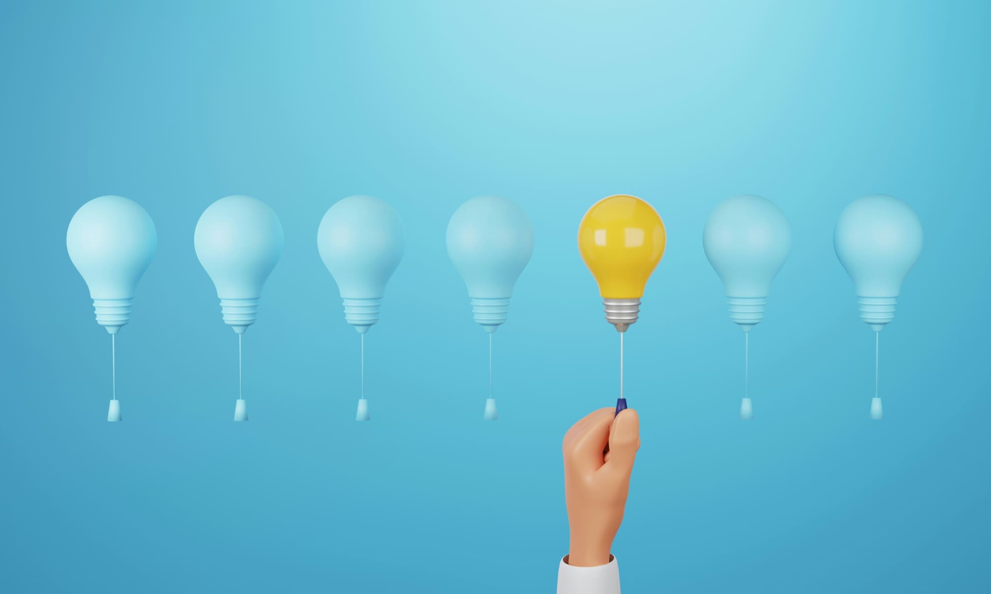 An animation style image of several lightbulbs lined up in a row and a hand choosing one of them, making it go yellow.