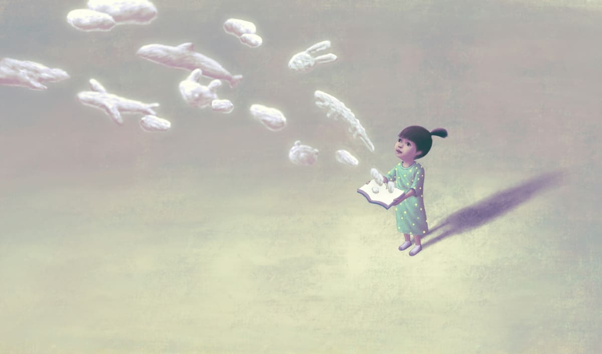 Cartoon depiction of young child holding open book with various animal shapes flying out of it.