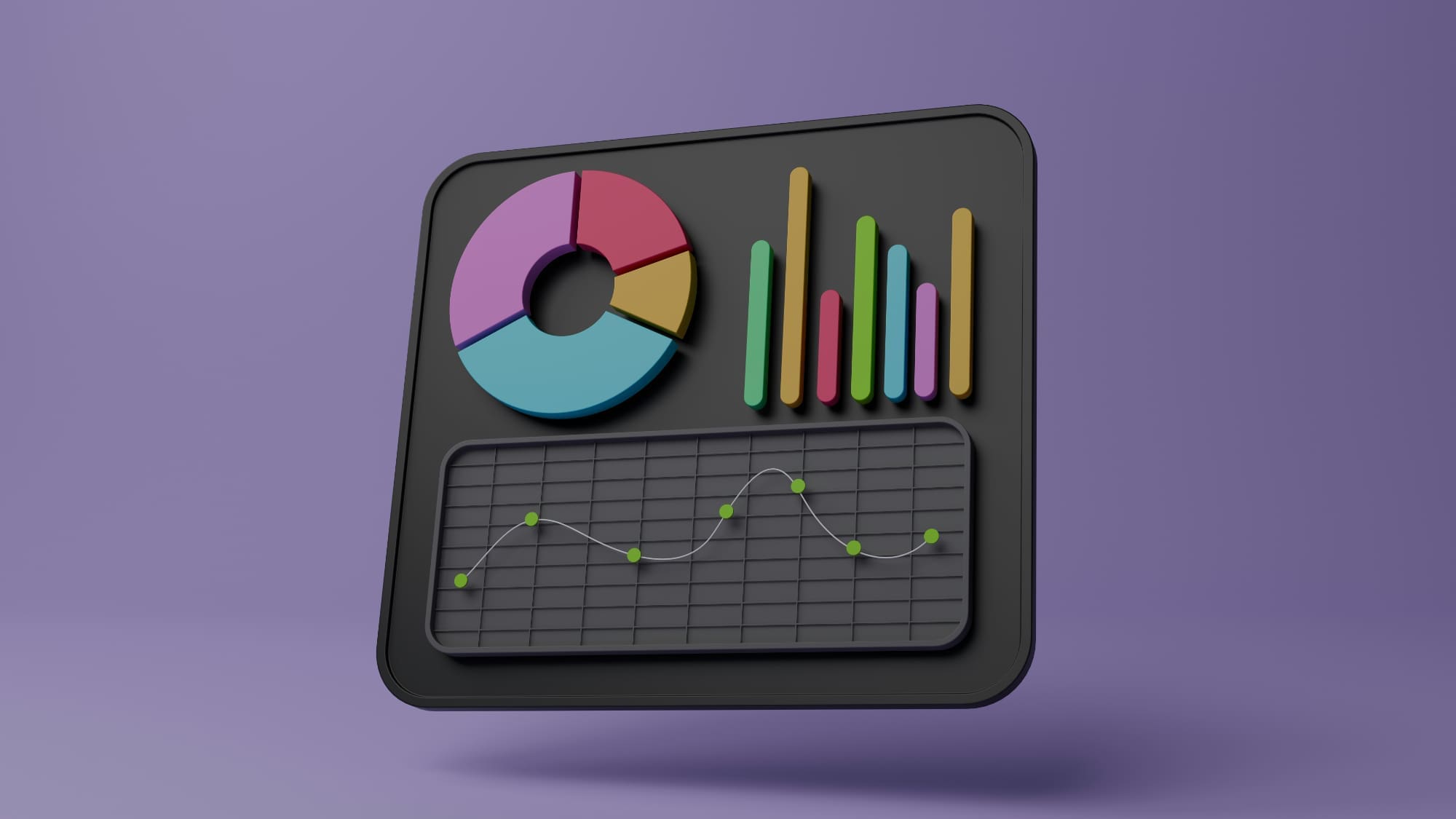 Graphical depiction of a screen with various charts on it.