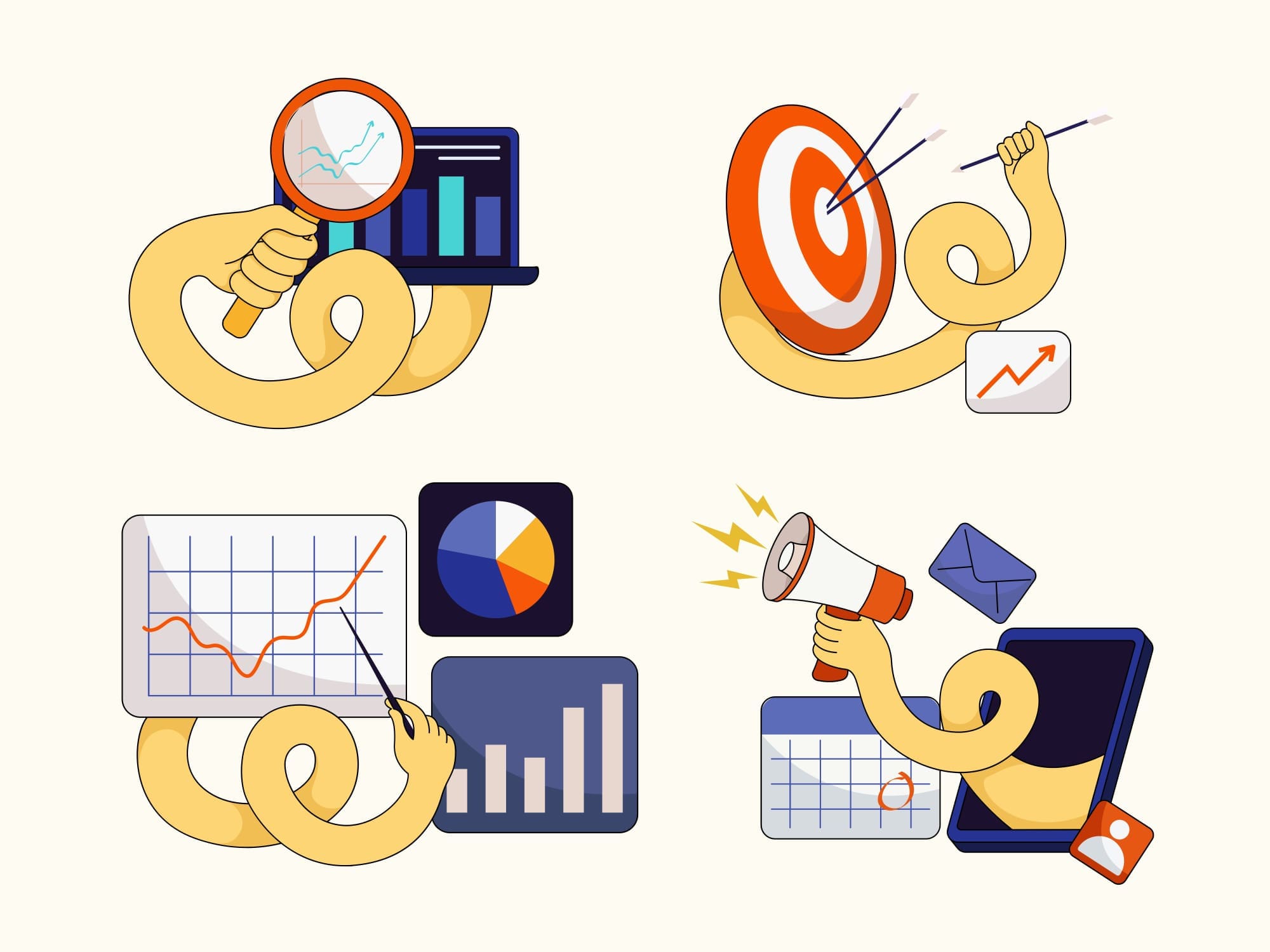 Colourful graphics depicting various graphs and charts from a business report.