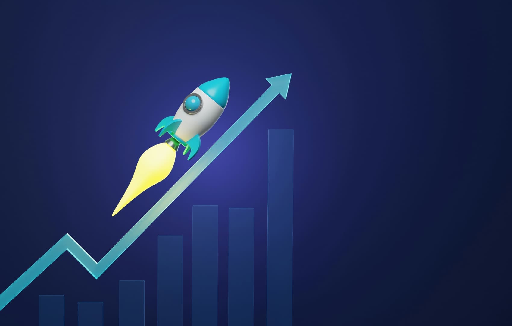 Graphical depiction of a rocket shooting upwards along an arrow towards the top of a business graph.