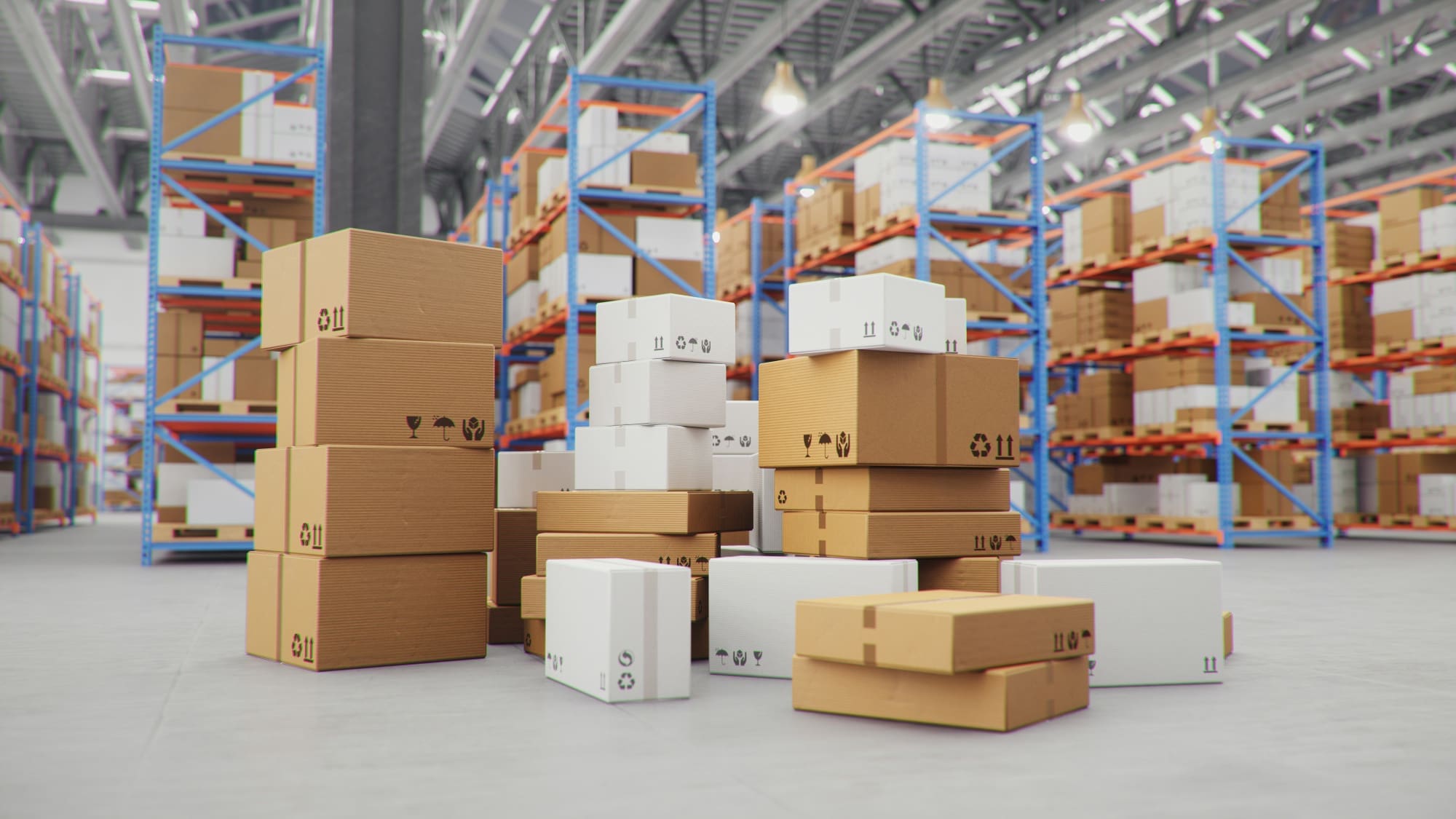 Different packaging options A selection of different packages on a warehouse floor.