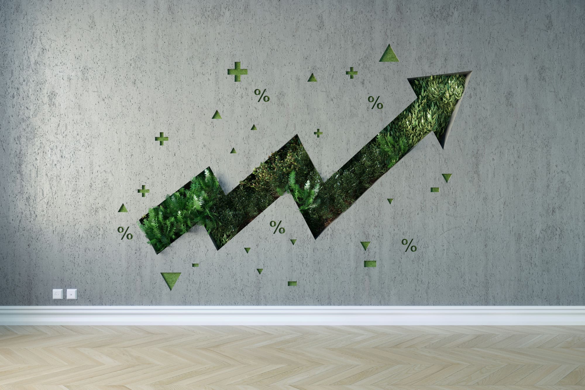 ESG recruitment A zig-zagging upwards-pointing green arrow on a grey wall
