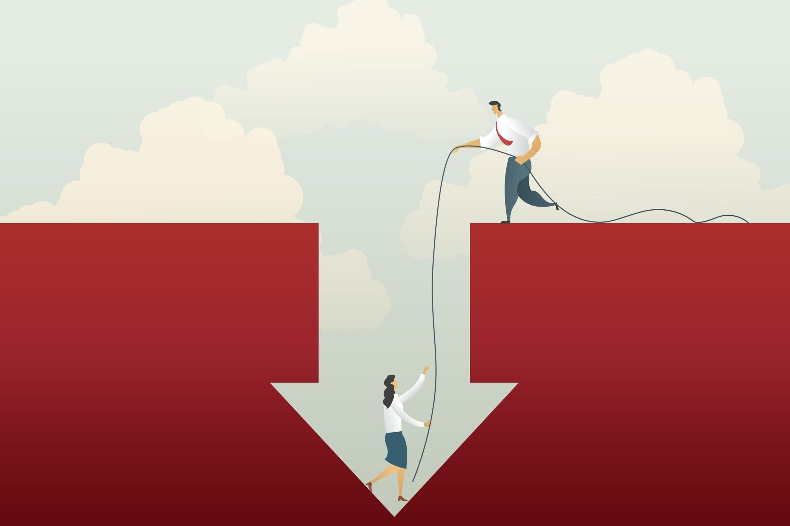 Cartoon image of somebody handing a rope down to someone stuck in an arrow-shaped hole.