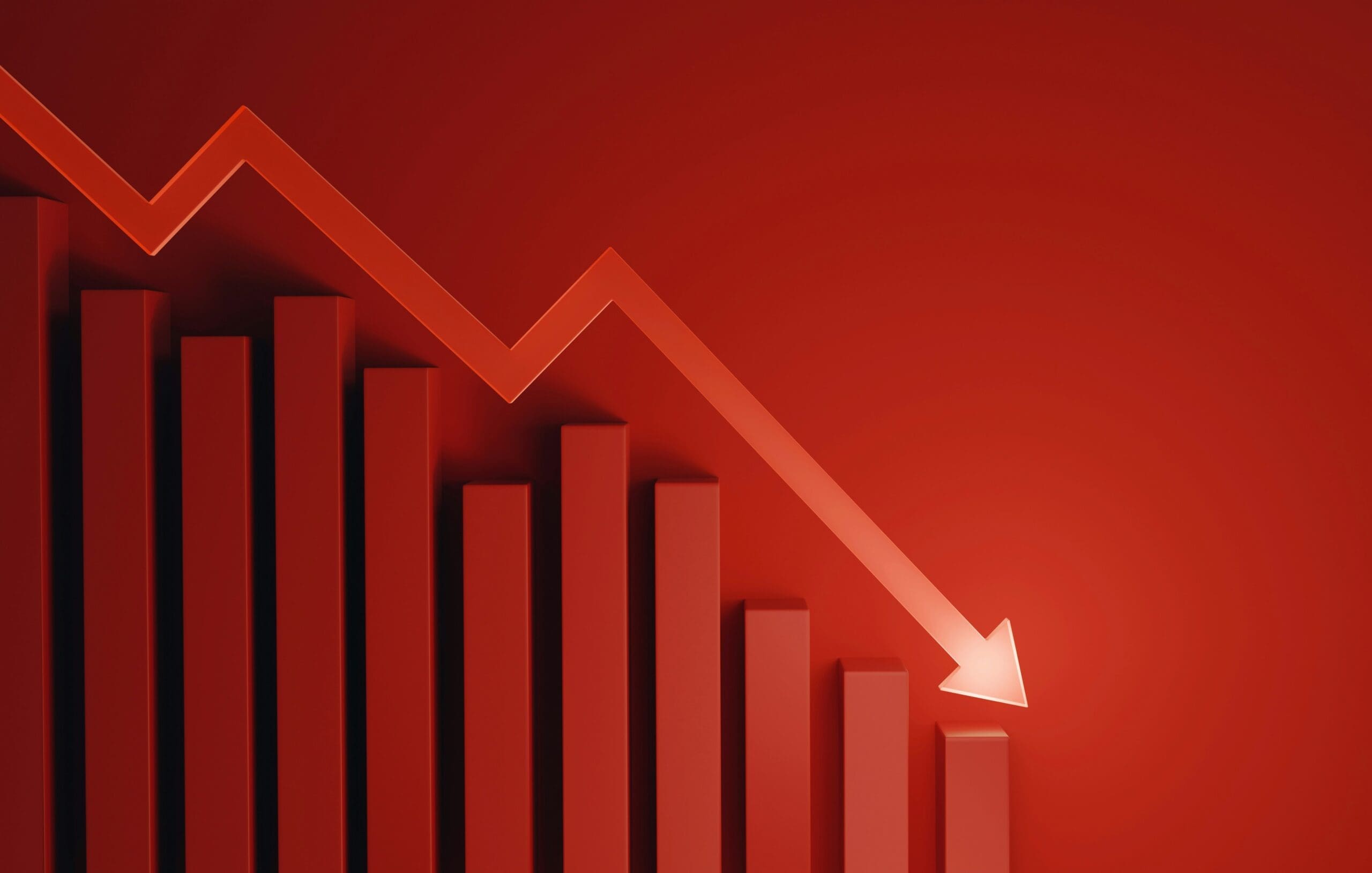 Red downwards meandering arrow on top of decreasing bar chart.