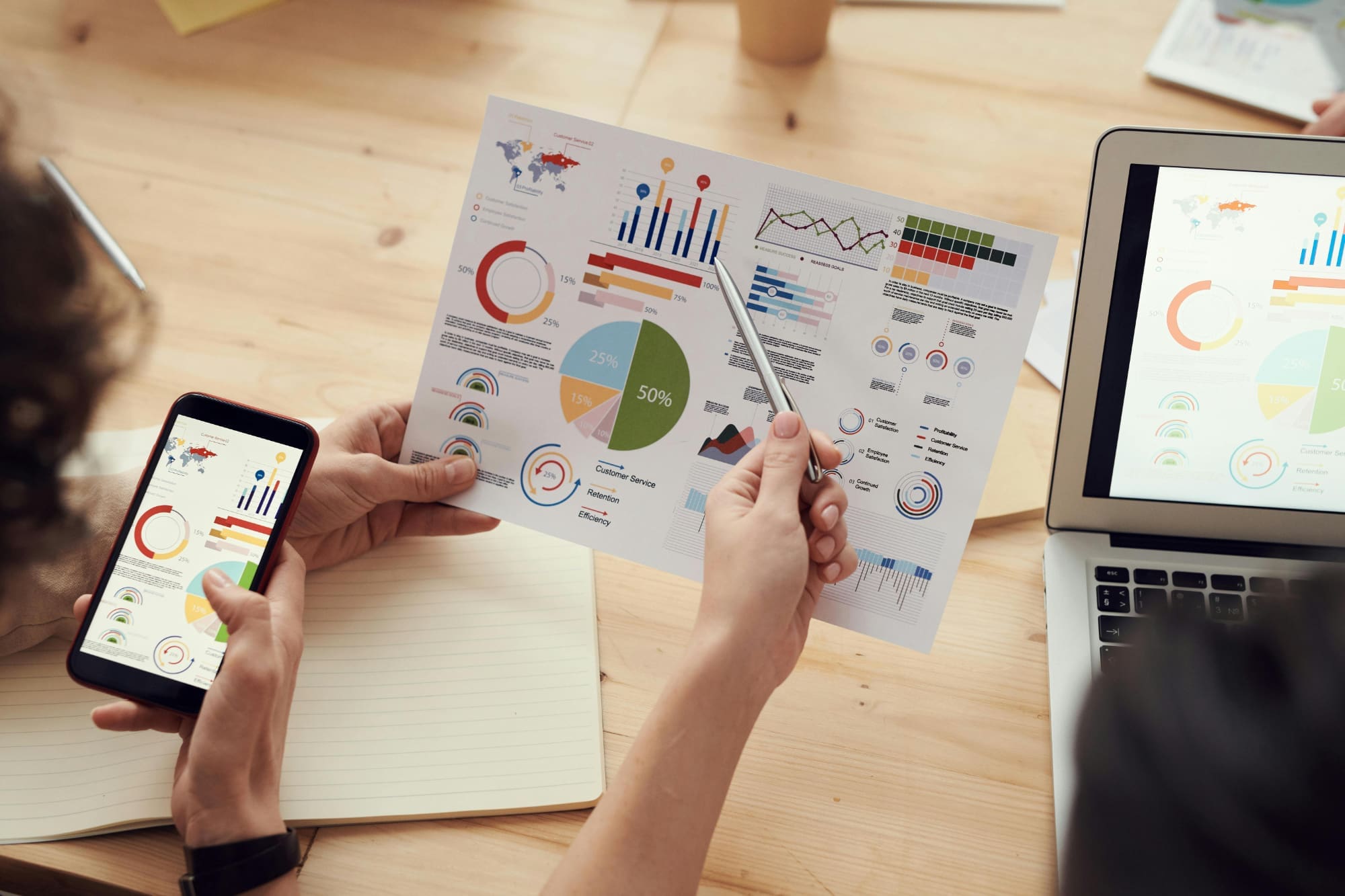 Somebody holding a phone and a paper document with different graphs on it pointing towards the document with a pen.