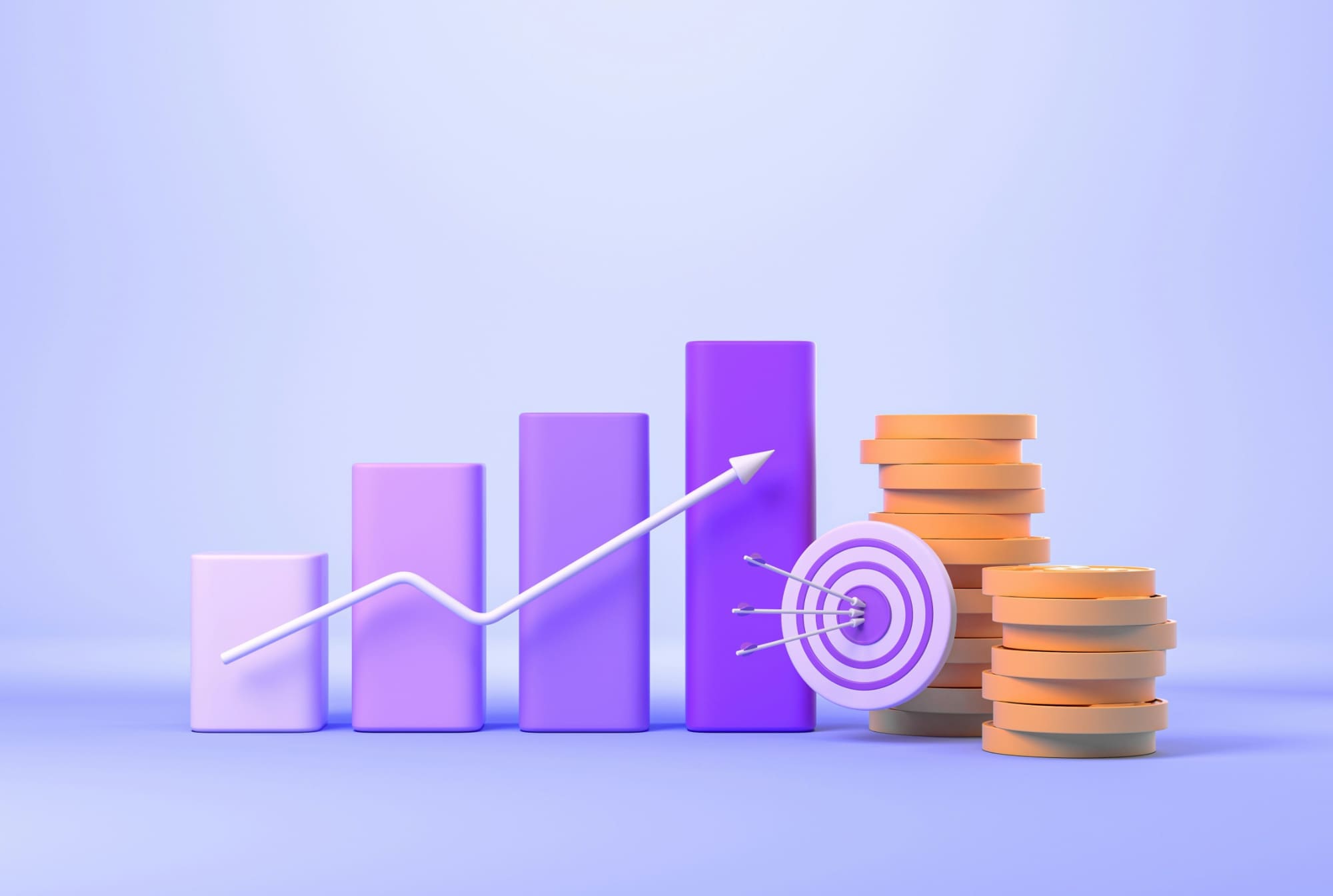 Enjoy benefits with Dazzle Animation-style graphic of a gradually progressing bar chart with upwards arrow in front of it and arrows hitting a target next to piles of gold coins.