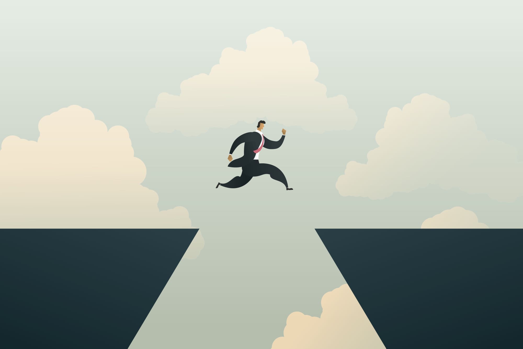 Cartoon-style graphic of a businessman jumping over a gap in the road.