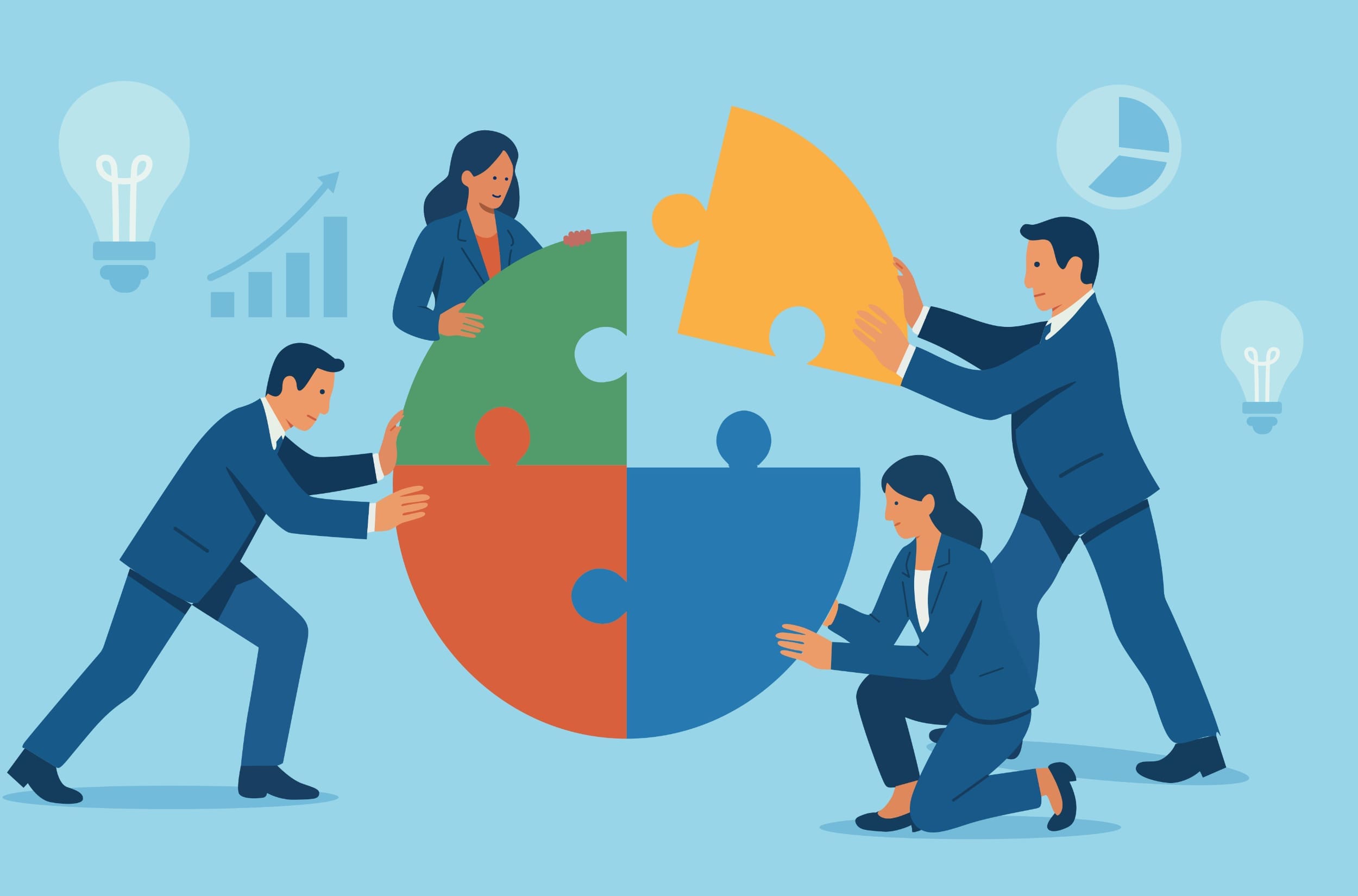 Prioritization An animation-style image of four business people placing four segments together into a circle.