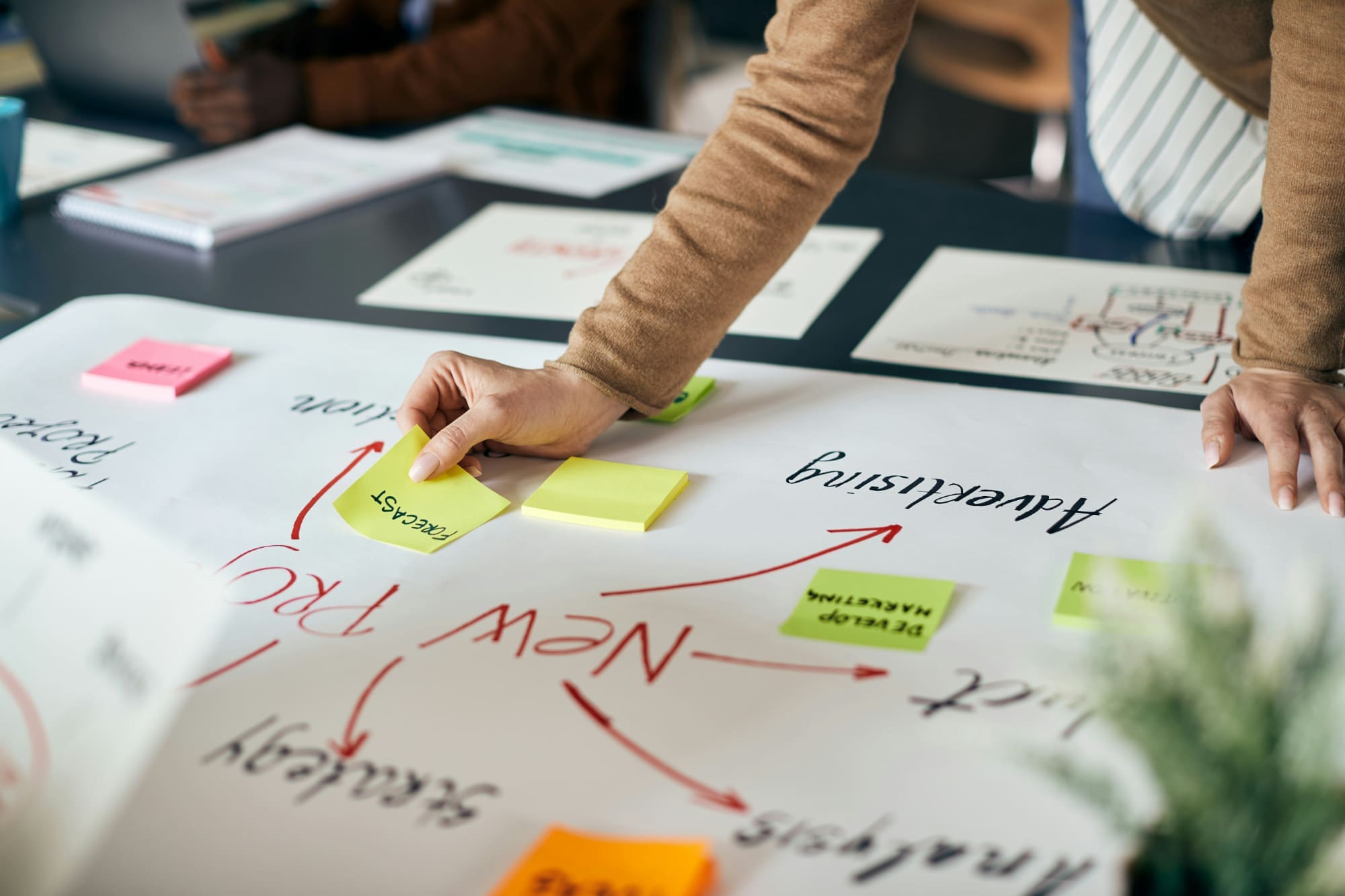 How can companies respond? A business person adding a yellow sticky note to a project plan.